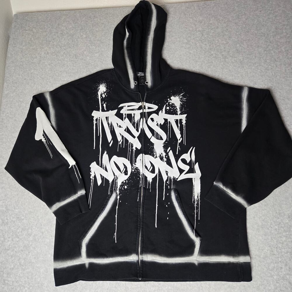 Social Collision "Trust No One" Graffiti Full Zip Graphic Y2K Hoodie - Size 2X